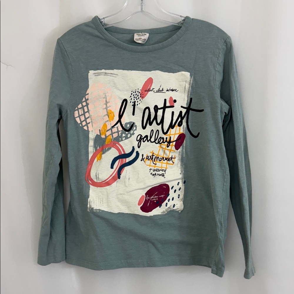 Girl’s Zara Kids Graphic Long Sleeve Shirt - Teal Size 11/12